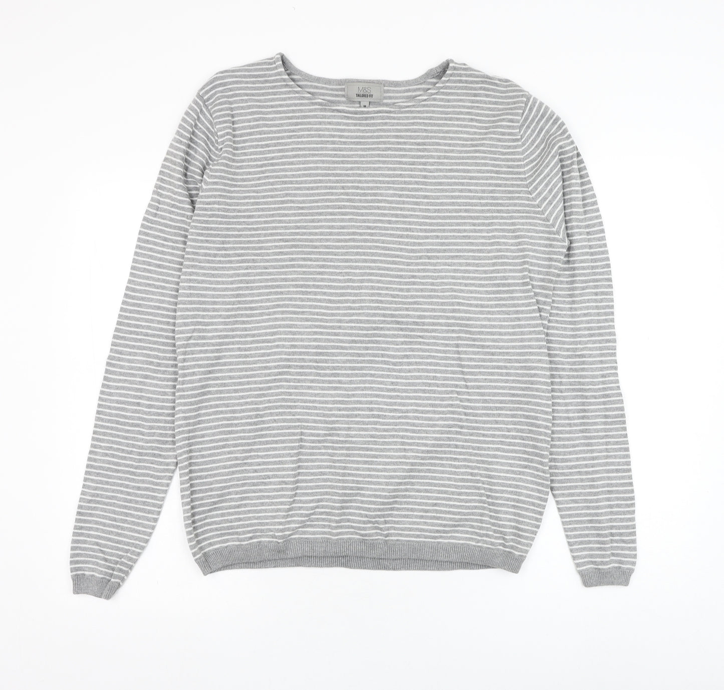 Marks and Spencer Mens Grey Round Neck Striped Cotton Pullover Jumper Size M