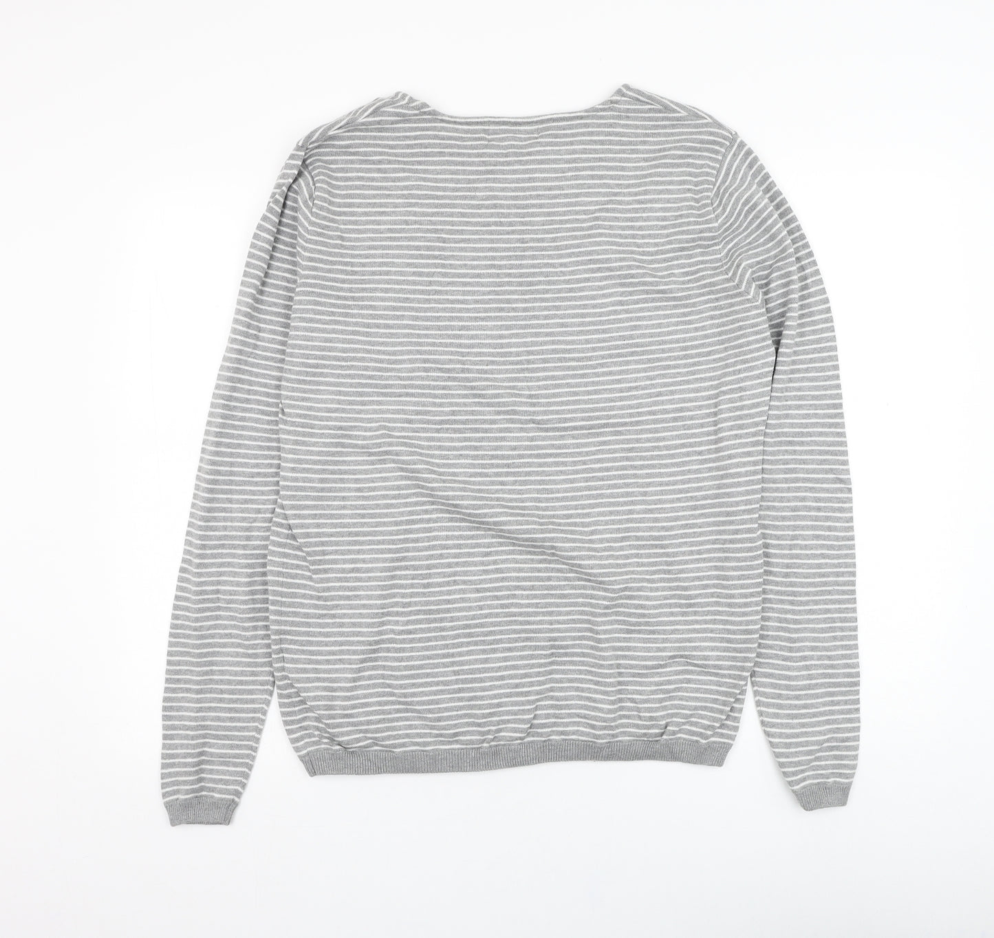 Marks and Spencer Mens Grey Round Neck Striped Cotton Pullover Jumper Size M