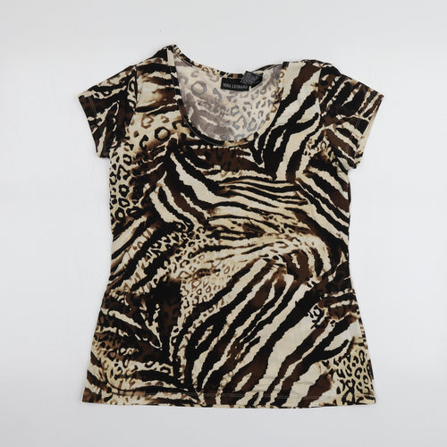 Nina Leonard Womens Beige Animal Print Polyester Basic T-Shirt Size M Round Neck