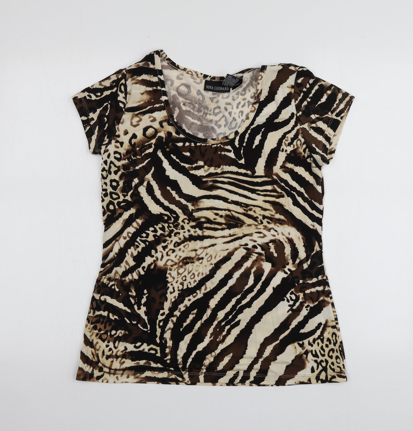Nina Leonard Womens Beige Animal Print Polyester Basic T-Shirt Size M Round Neck
