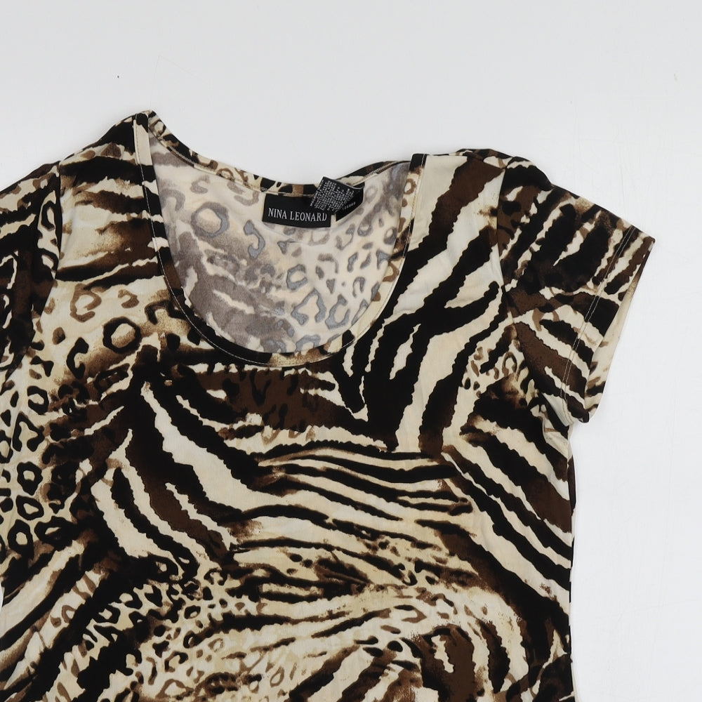 Nina Leonard Womens Beige Animal Print Polyester Basic T-Shirt Size M Round Neck