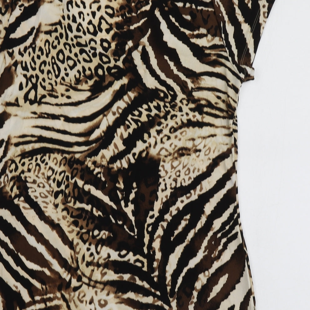 Nina Leonard Womens Beige Animal Print Polyester Basic T-Shirt Size M Round Neck