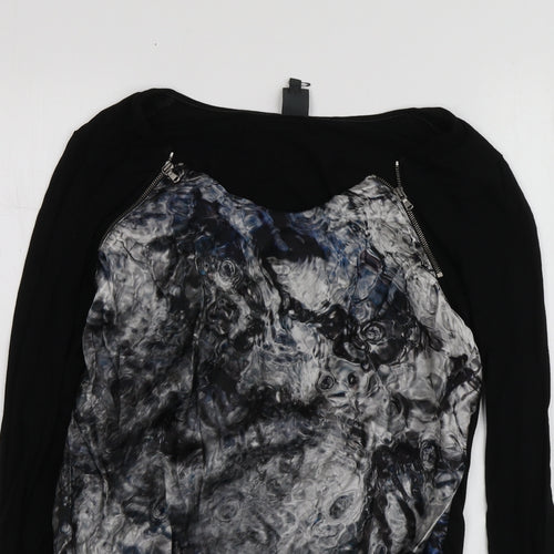 EK Womens Black Geometric Viscose Basic T-Shirt Size 42 Round Neck
