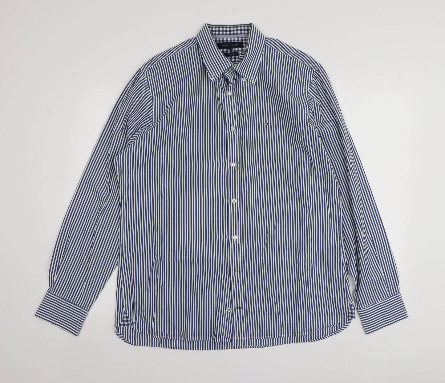 Tommy Hilfiger Mens Blue Striped Cotton  Button-Up Size L Collared