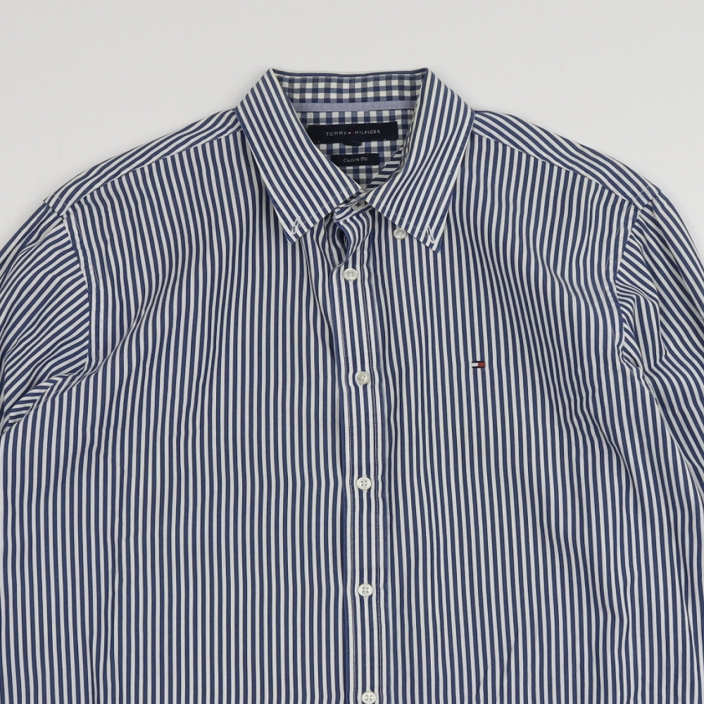 Tommy Hilfiger Mens Blue Striped Cotton  Button-Up Size L Collared