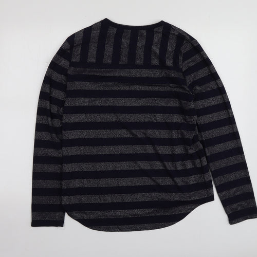 First Avenue Womens Blue Striped Polyester Basic T-Shirt Size S Round Neck
