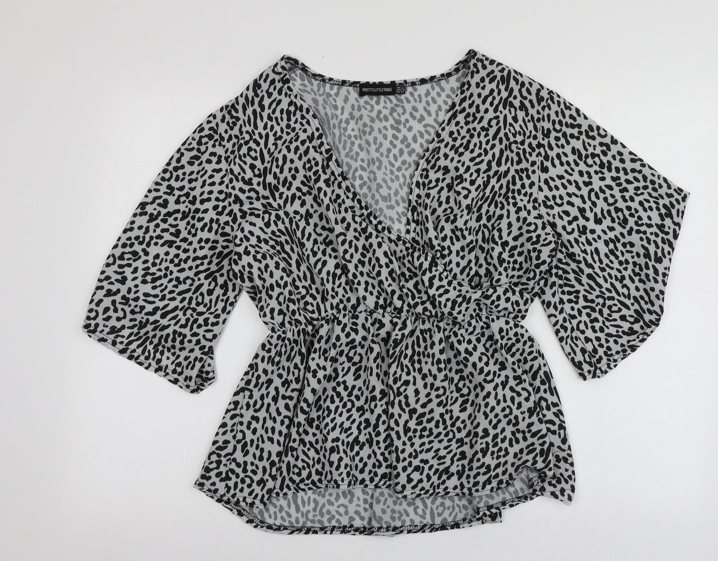 PRETTYLITTLETHING Womens Grey Animal Print Polyester Basic Blouse Size 14 V-Neck