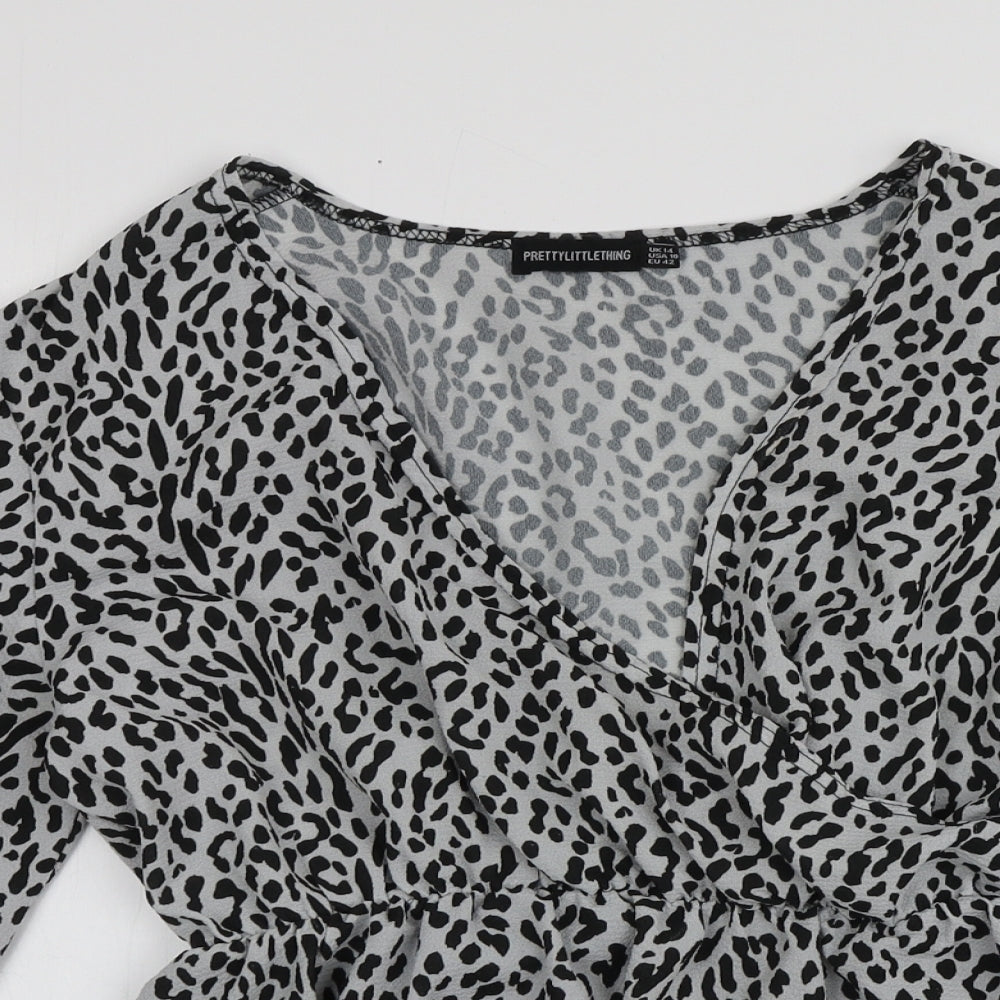 PRETTYLITTLETHING Womens Grey Animal Print Polyester Basic Blouse Size 14 V-Neck