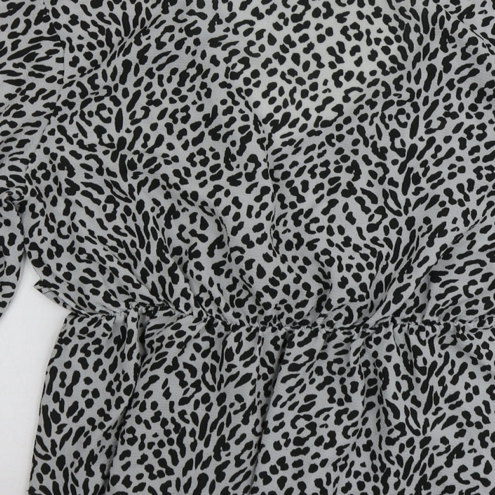 PRETTYLITTLETHING Womens Grey Animal Print Polyester Basic Blouse Size 14 V-Neck