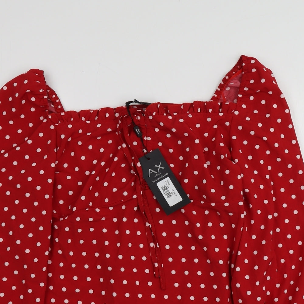 AX Womens Red Polka Dot Polyester Basic Blouse Size 14 Square Neck