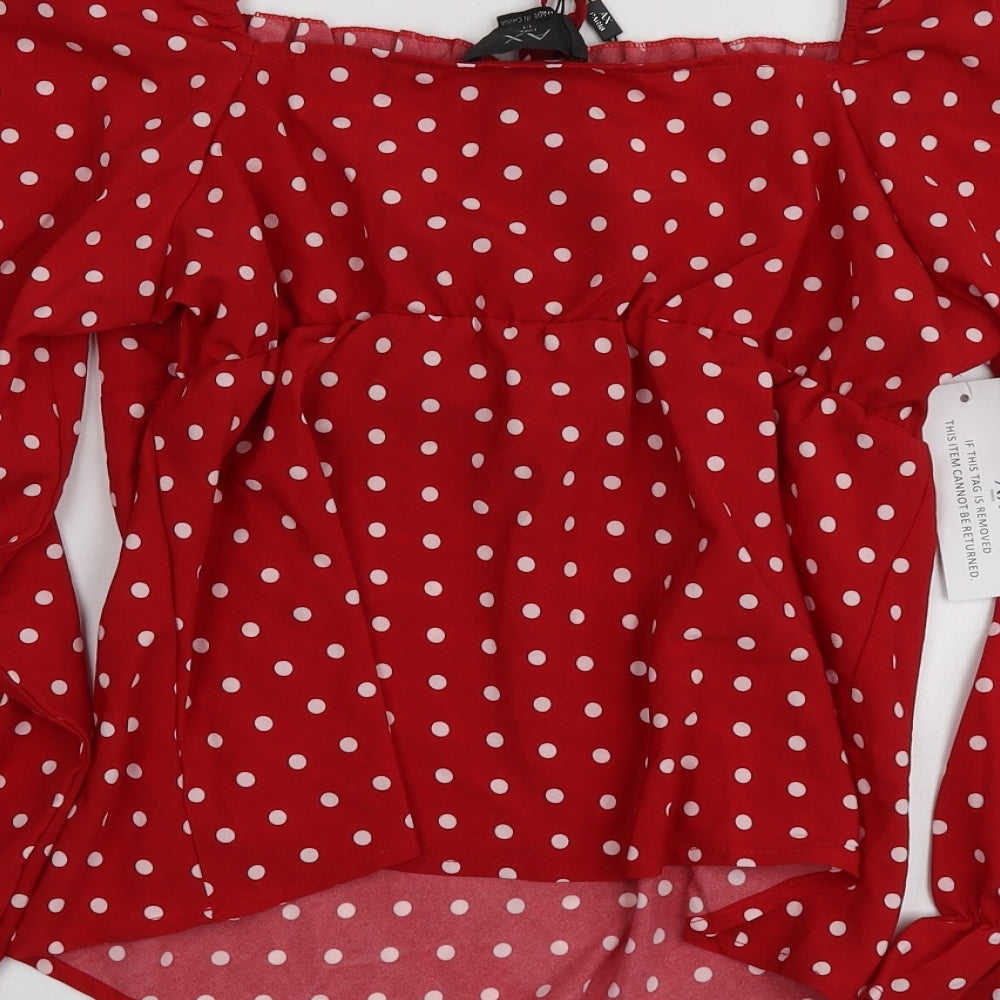 AX Womens Red Polka Dot Polyester Basic Blouse Size 14 Square Neck