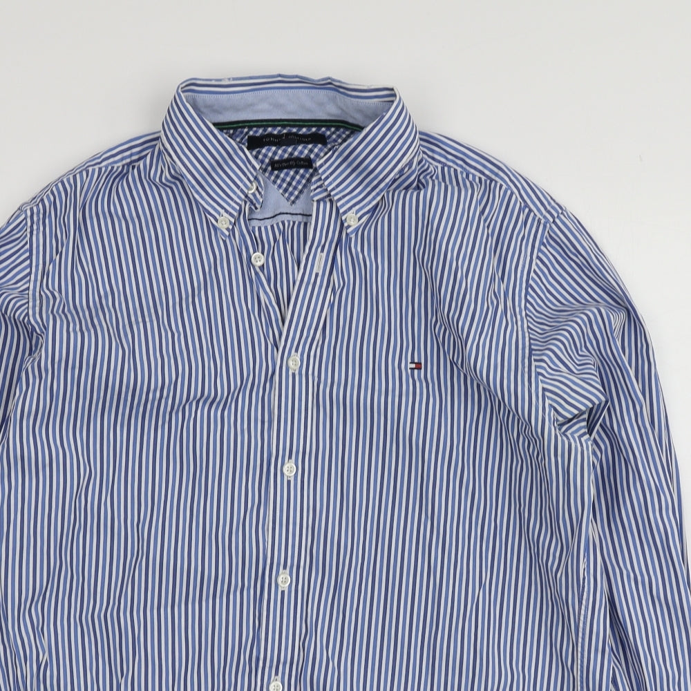 Tommy Hilfiger Mens Blue Striped Cotton  Button-Up Size L Collared