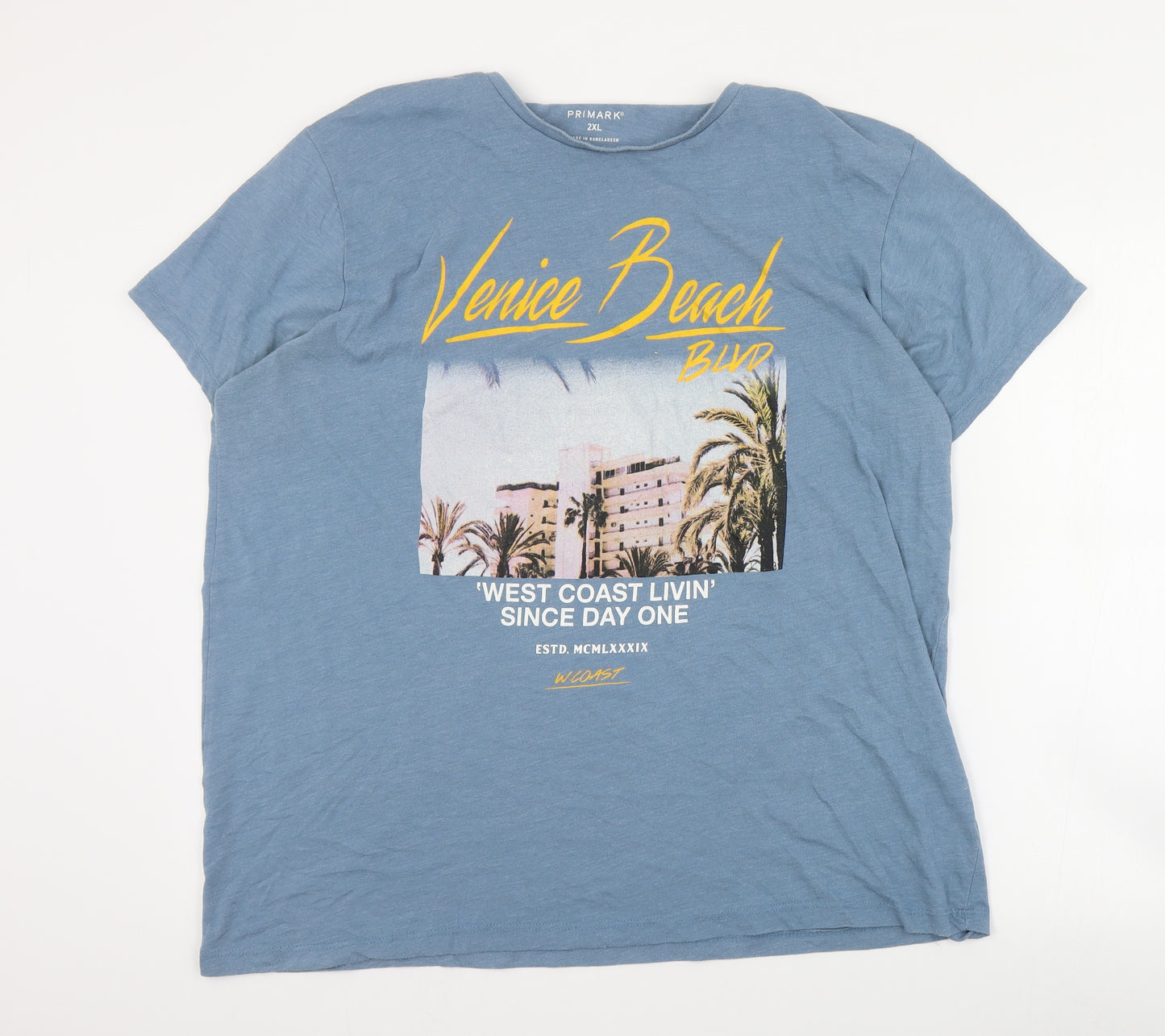 Primark Mens Blue  Cotton  T-Shirt Size 2XL Crew Neck  - Venice Beach