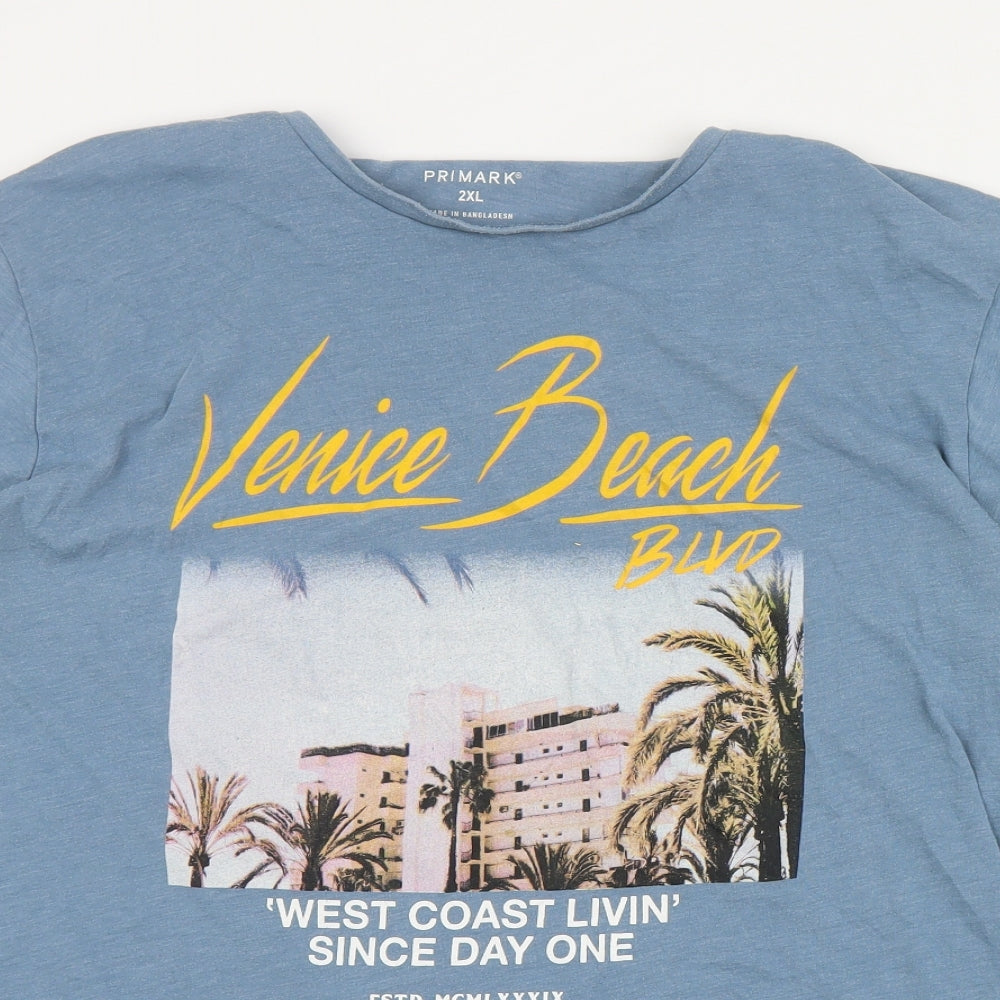 Primark Mens Blue  Cotton  T-Shirt Size 2XL Crew Neck  - Venice Beach