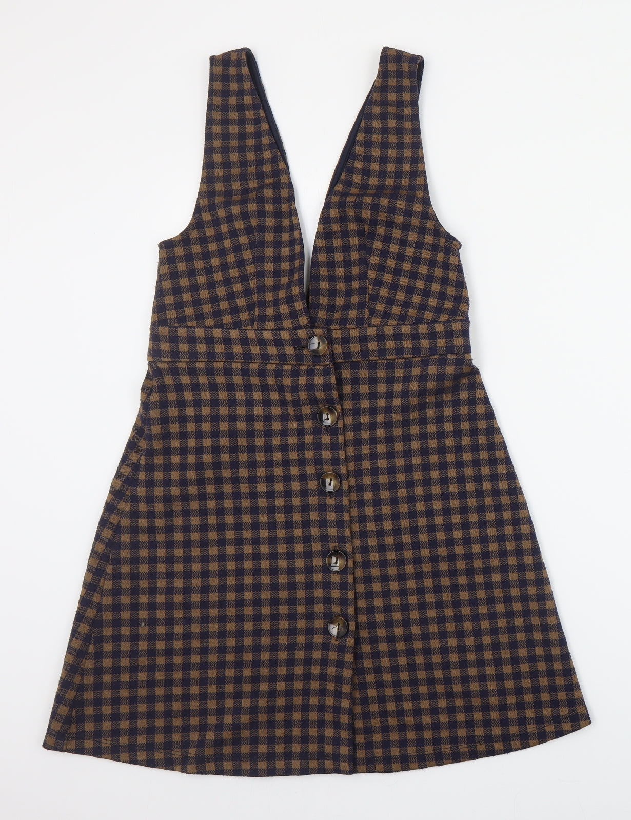 Topshop Womens Brown Plaid Polyester Pinafore/Dungaree Dress  Size 10  V-Neck Pullover