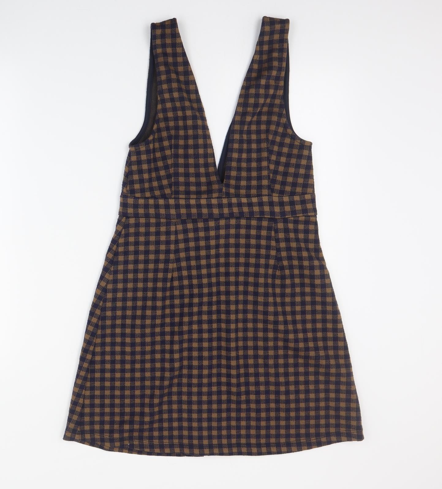 Topshop Womens Brown Plaid Polyester Pinafore/Dungaree Dress  Size 10  V-Neck Pullover