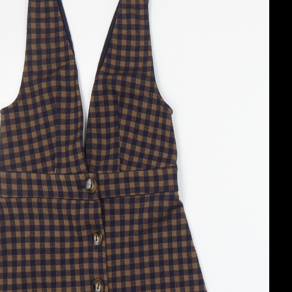 Topshop Womens Brown Plaid Polyester Pinafore/Dungaree Dress  Size 10  V-Neck Pullover