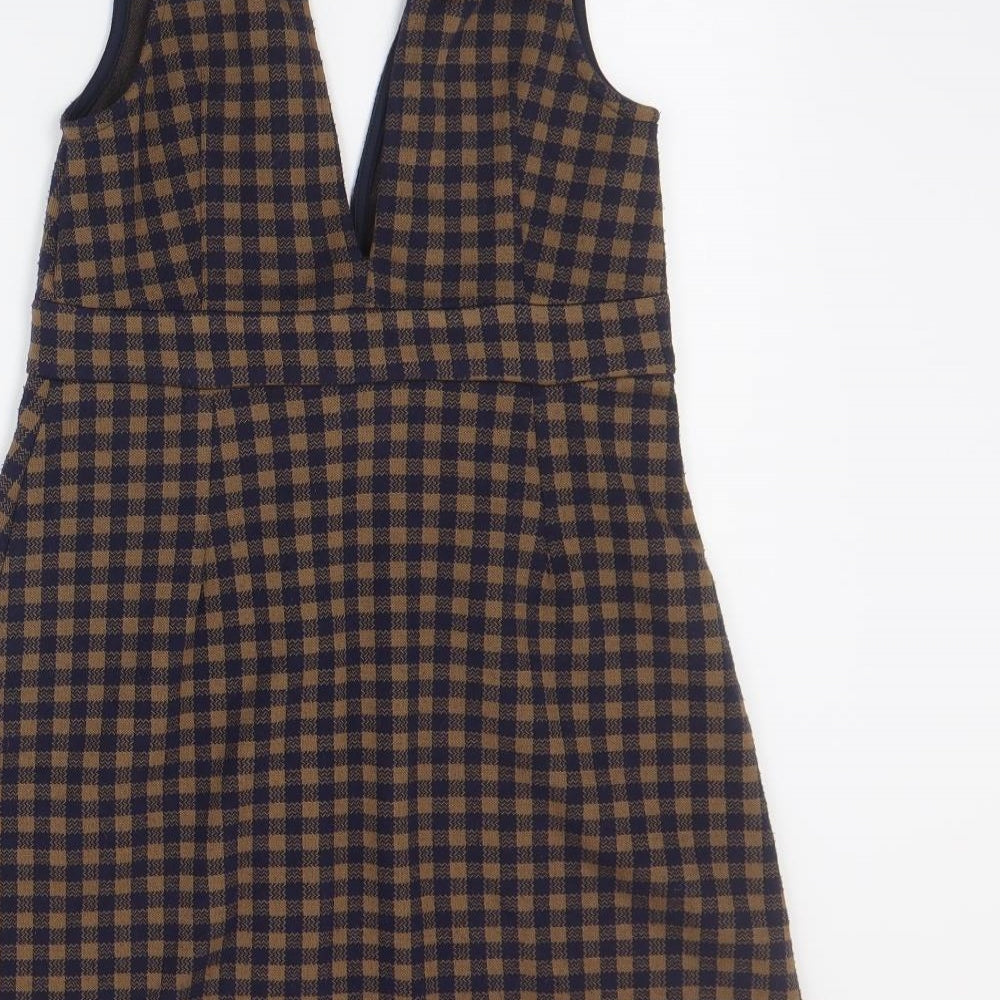 Topshop Womens Brown Plaid Polyester Pinafore/Dungaree Dress  Size 10  V-Neck Pullover