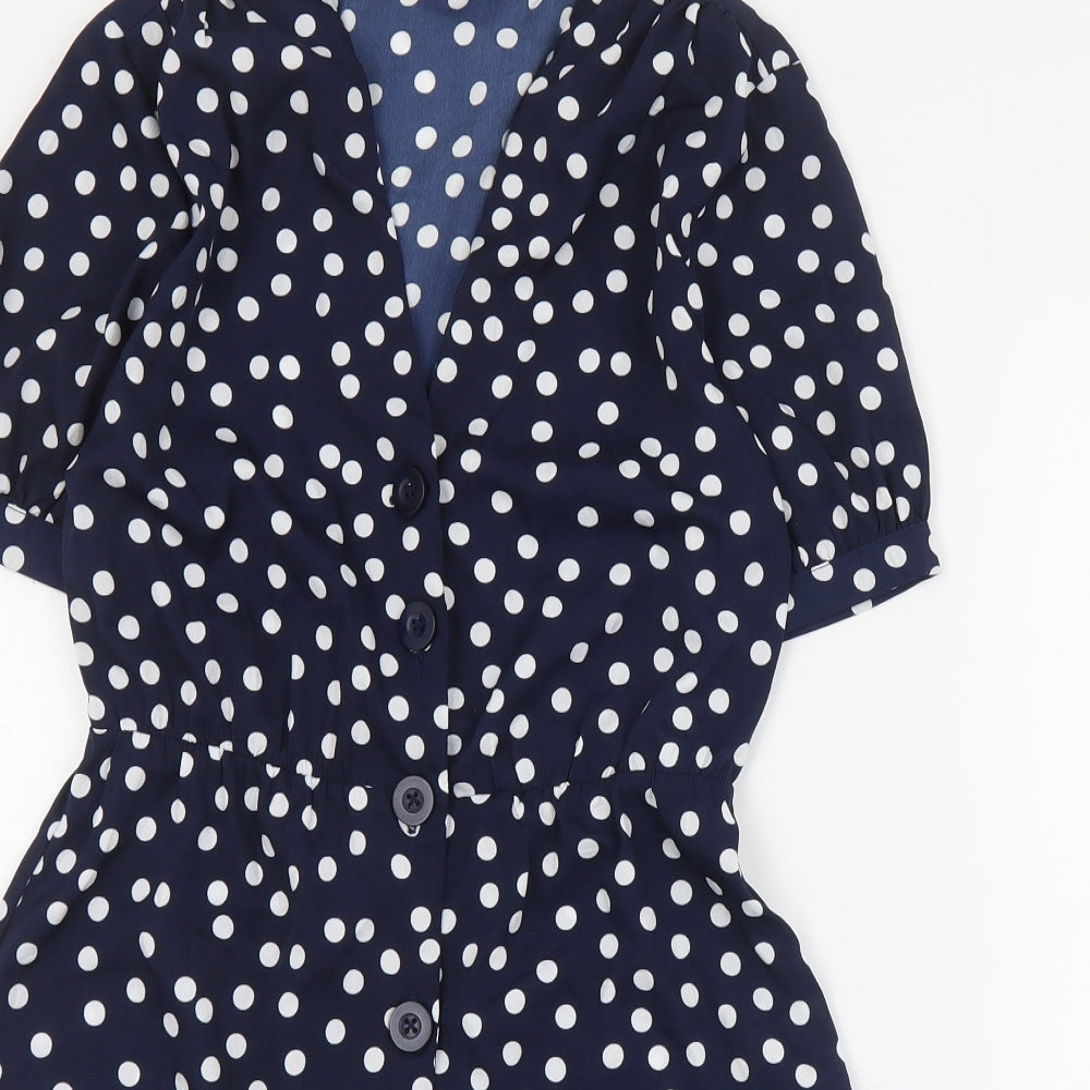 Primark Womens Blue Polka Dot Polyester Playsuit One-Piece Size 4  Button
