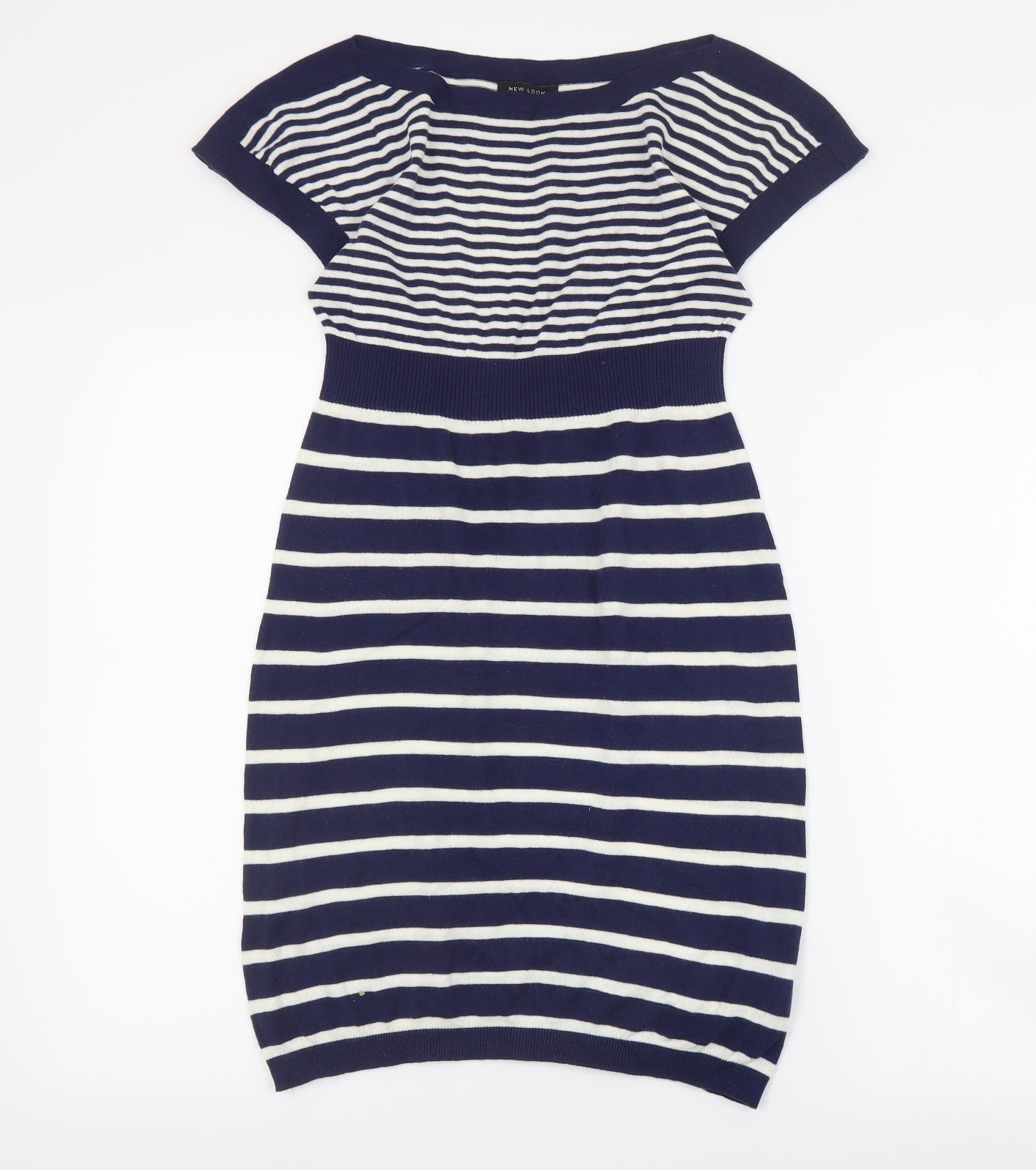 New Look Womens Blue Striped Cotton Jumper Dress  Size 10  Boat Neck Pullover