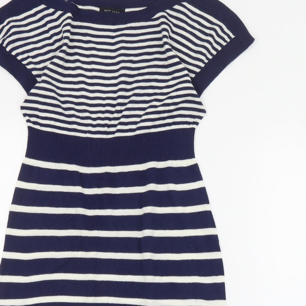 New Look Womens Blue Striped Cotton Jumper Dress  Size 10  Boat Neck Pullover