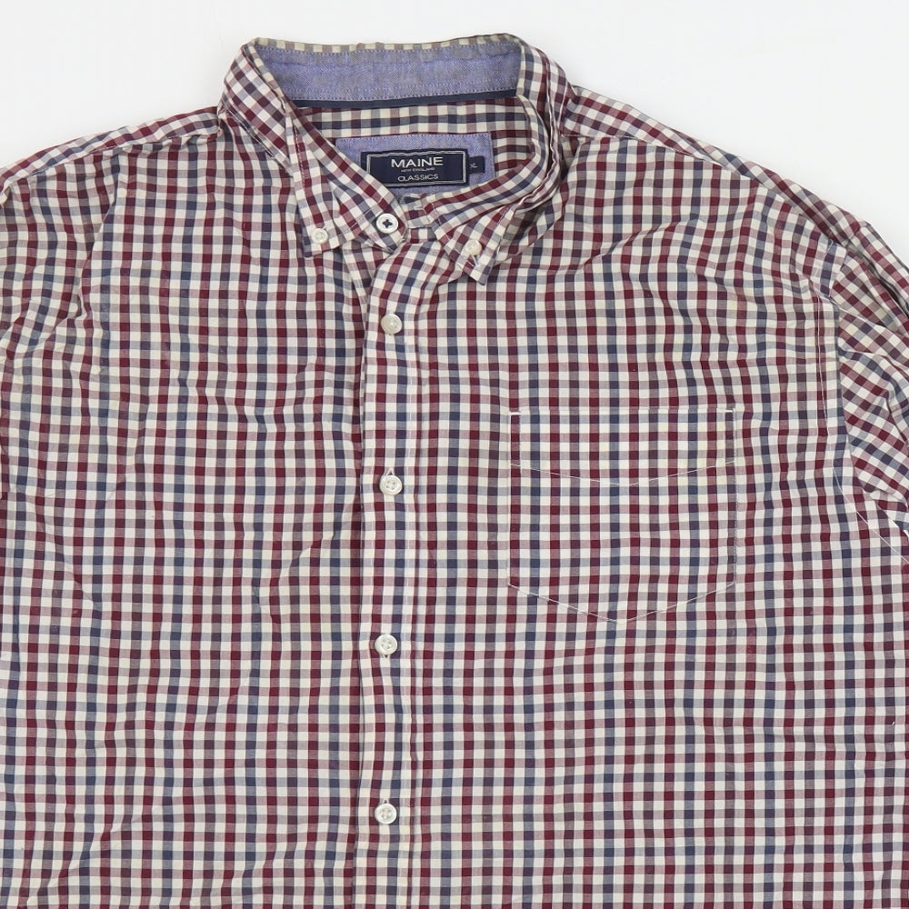 Maine Mens Red Plaid Cotton  Button-Up Size XL Collared Button