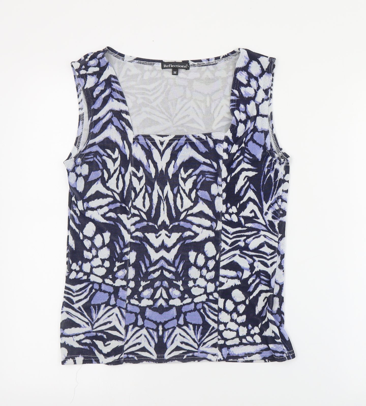 Reflections Womens Blue Geometric Polyester Basic Tank Size M Square Neck
