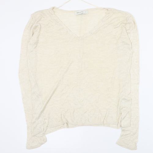 Real Woman Womens Beige V-Neck  Viscose Pullover Jumper Size S