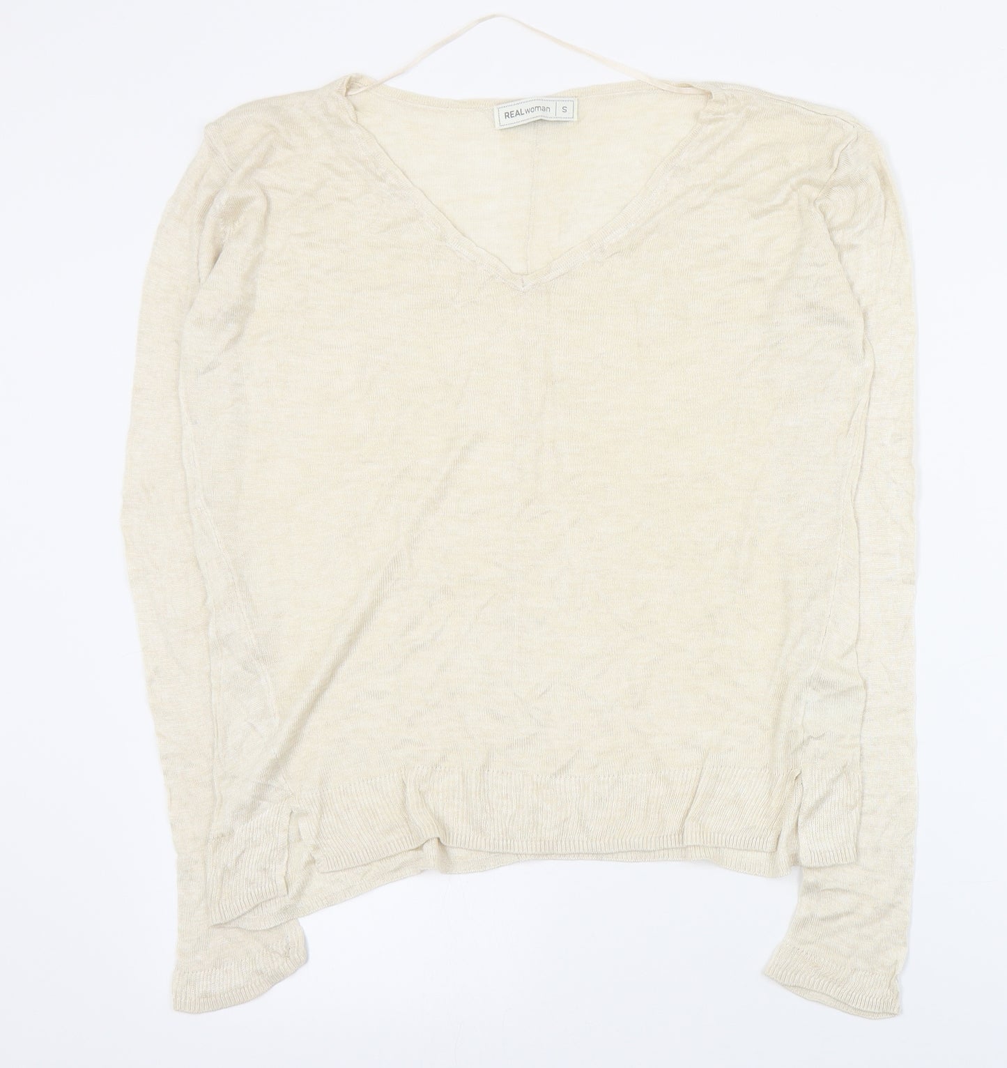 Real Woman Womens Beige V-Neck  Viscose Pullover Jumper Size S