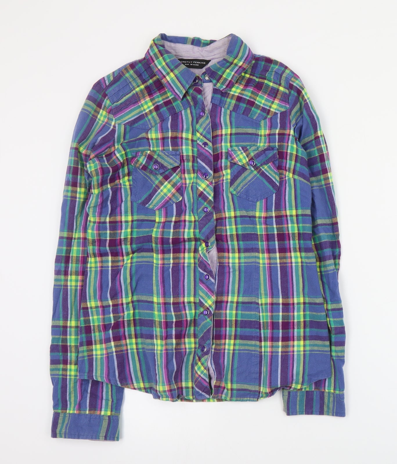 Dorothy Perkins Womens Multicoloured Plaid Cotton Basic Button-Up Size 10 Collared