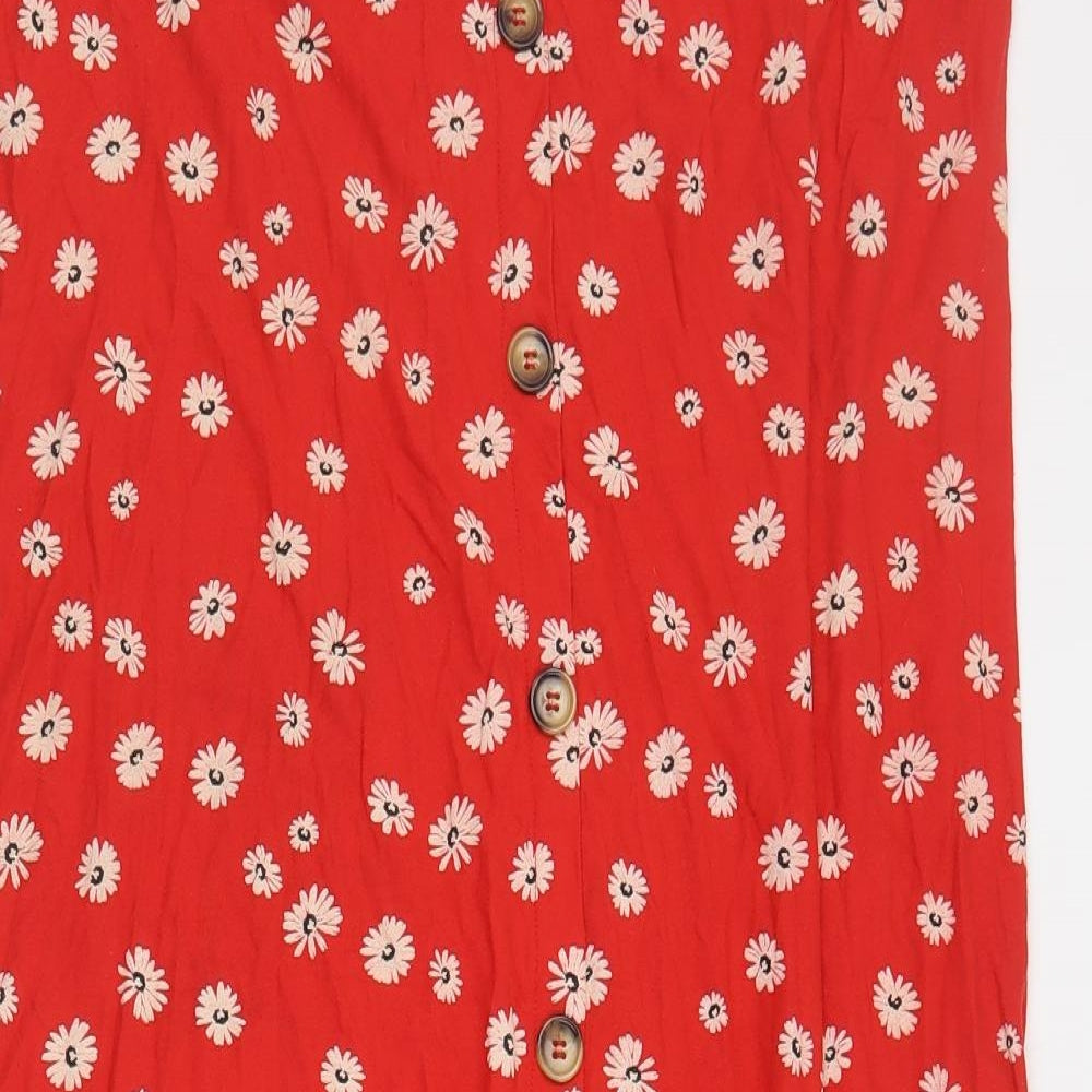 F&F Womens Red Floral Viscose A-Line Skirt Size 16   Button