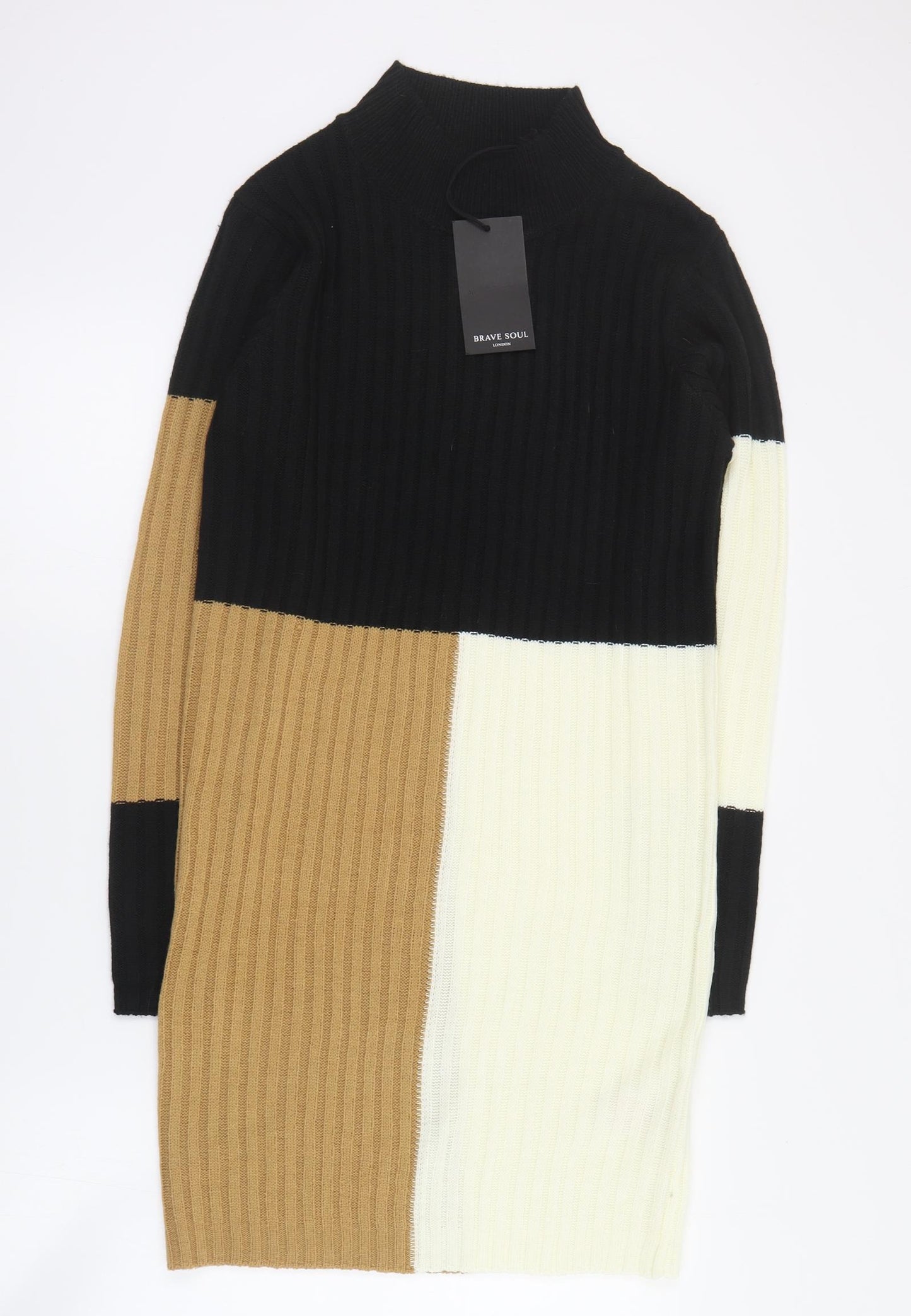 Brave Soul Womens Brown Geometric Acrylic Jumper Dress  Size 16  High Neck Pullover