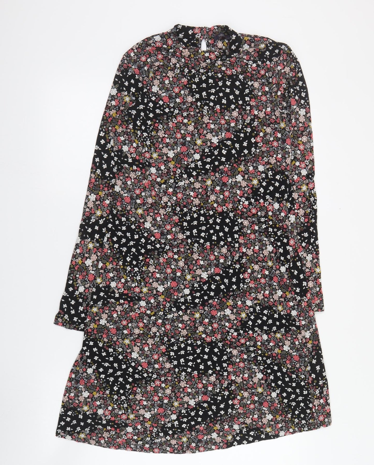 Marks and Spencer Womens Black Floral Viscose A-Line  Size 8  High Neck Button