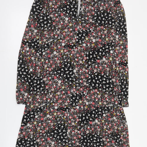 Marks and Spencer Womens Black Floral Viscose A-Line  Size 8  High Neck Button