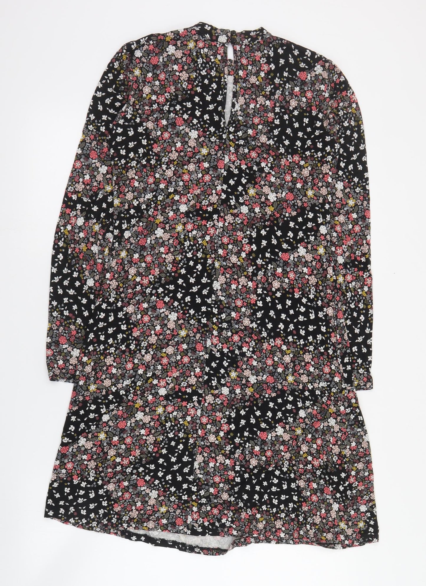 Marks and Spencer Womens Black Floral Viscose A-Line  Size 8  High Neck Button
