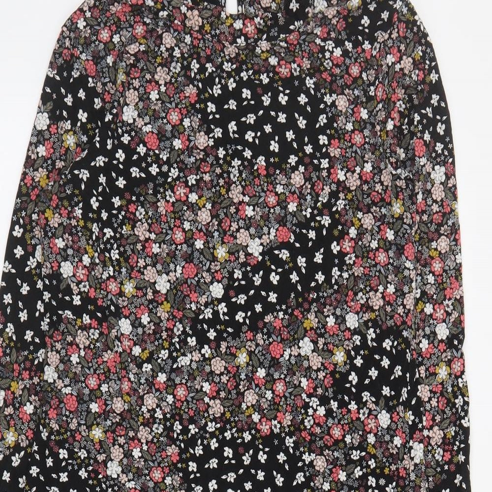 Marks and Spencer Womens Black Floral Viscose A-Line  Size 8  High Neck Button