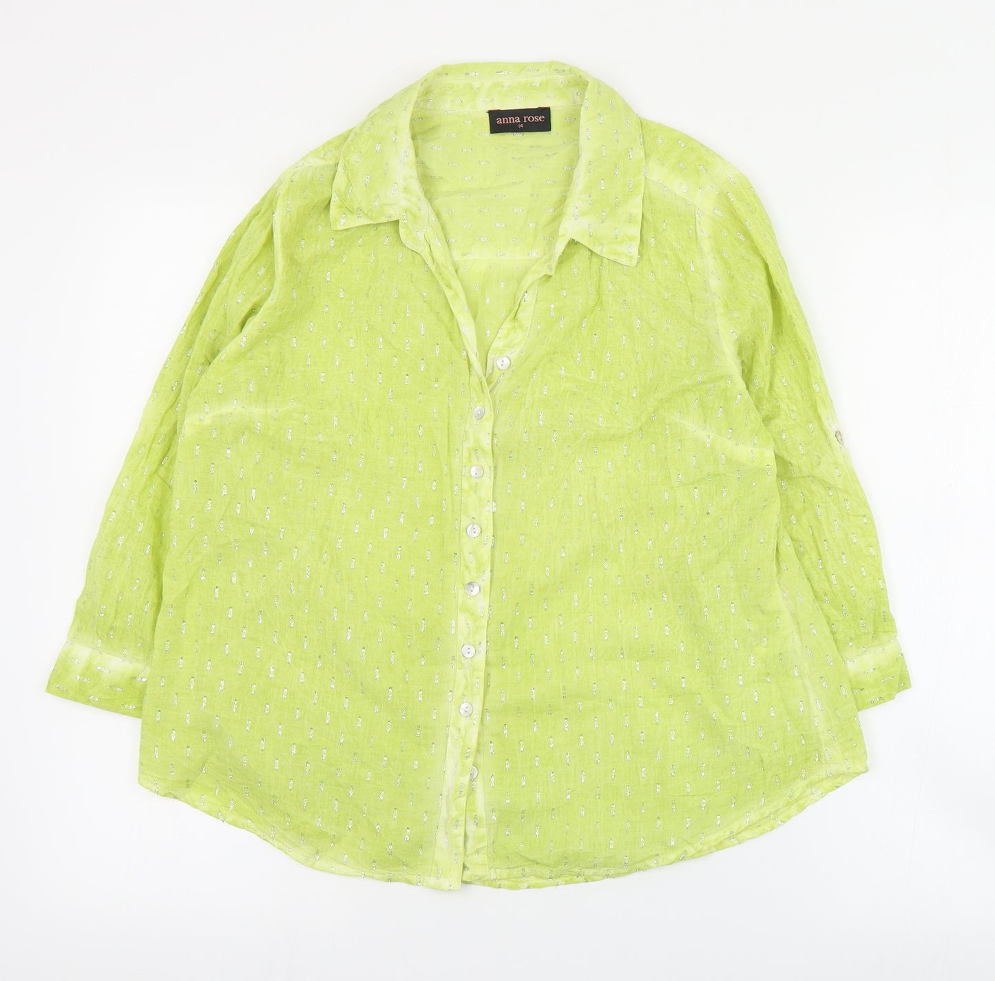 Anna Rose Womens Green  Cotton Basic Button-Up Size 14 Collared
