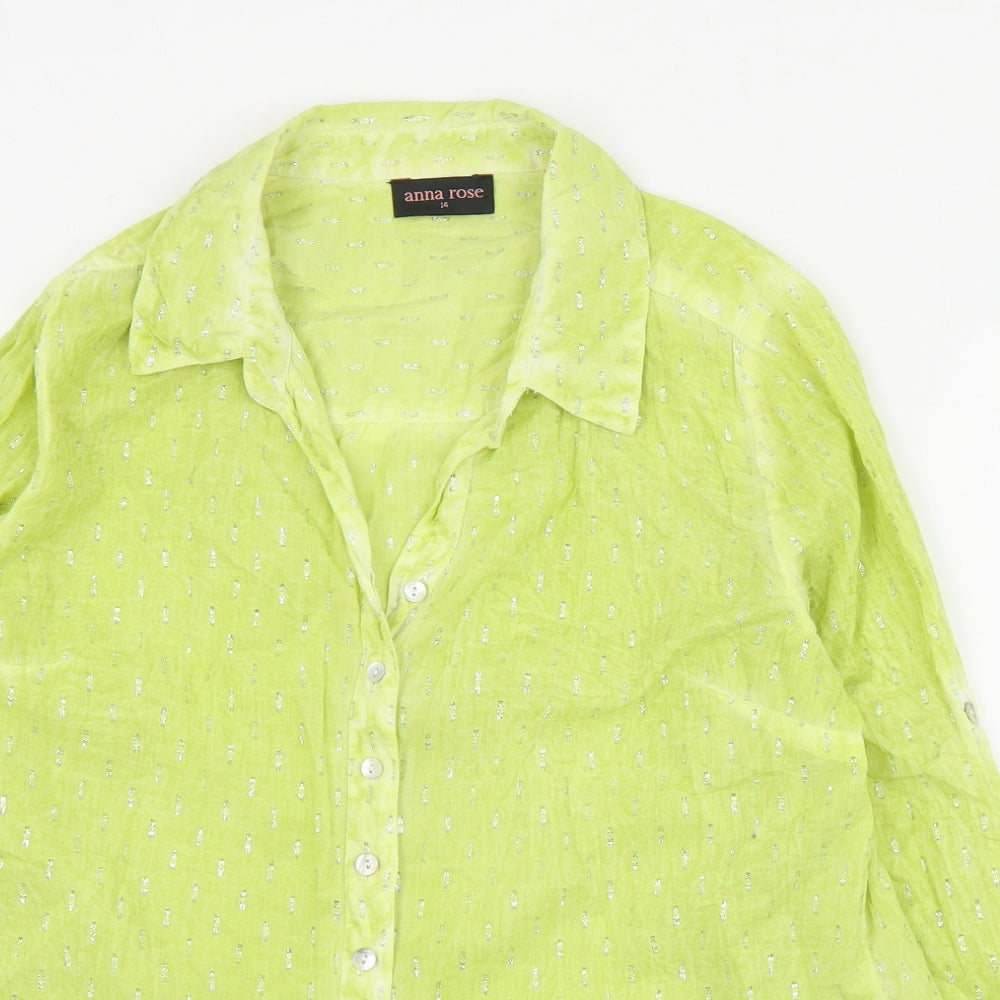 Anna Rose Womens Green  Cotton Basic Button-Up Size 14 Collared