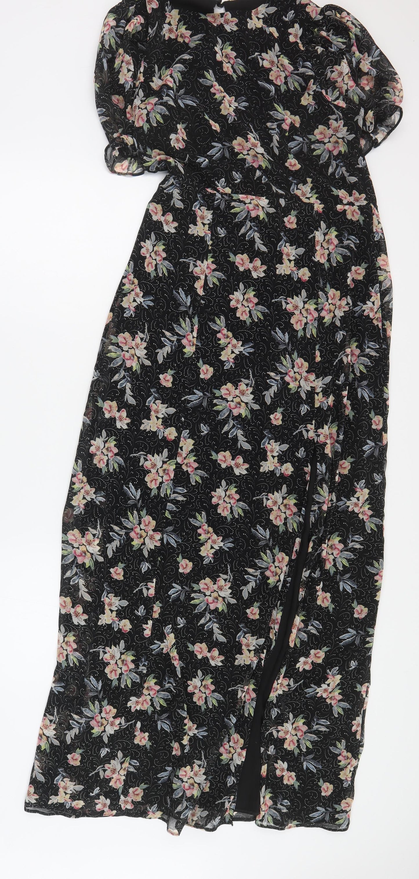 River Island Womens Black Floral Polyester Maxi  Size 10  Round Neck Button