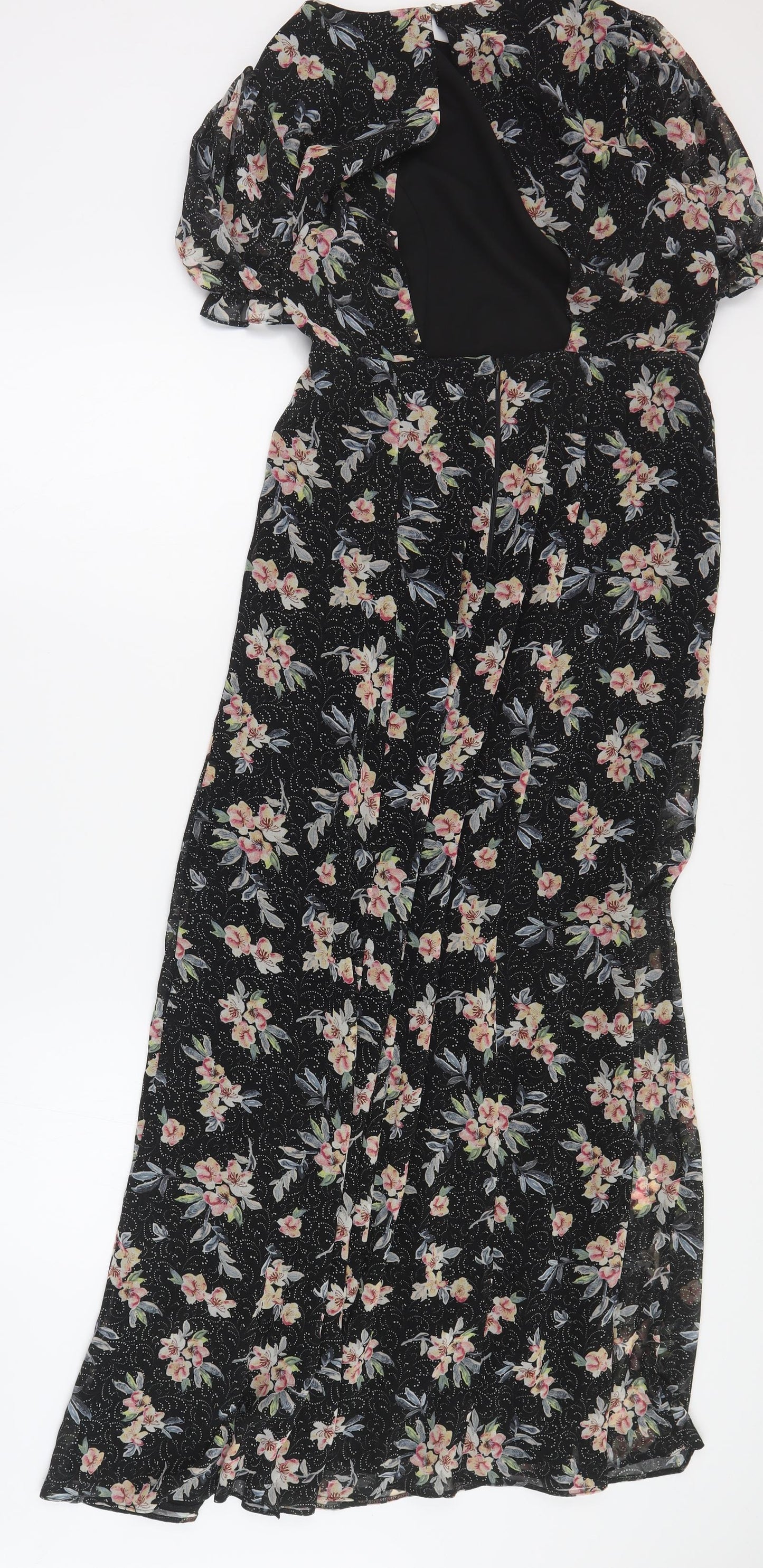 River Island Womens Black Floral Polyester Maxi  Size 10  Round Neck Button