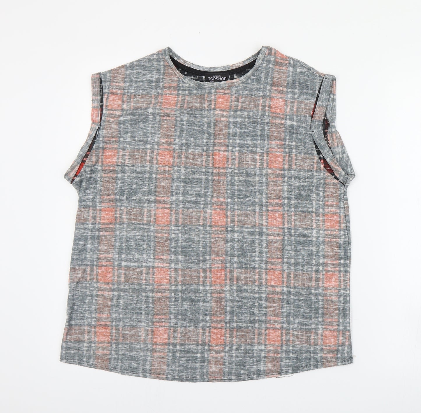 Topshop Womens Red Plaid Polyester Basic T-Shirt Size 12 Round Neck