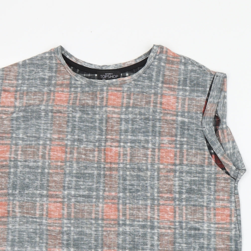 Topshop Womens Red Plaid Polyester Basic T-Shirt Size 12 Round Neck