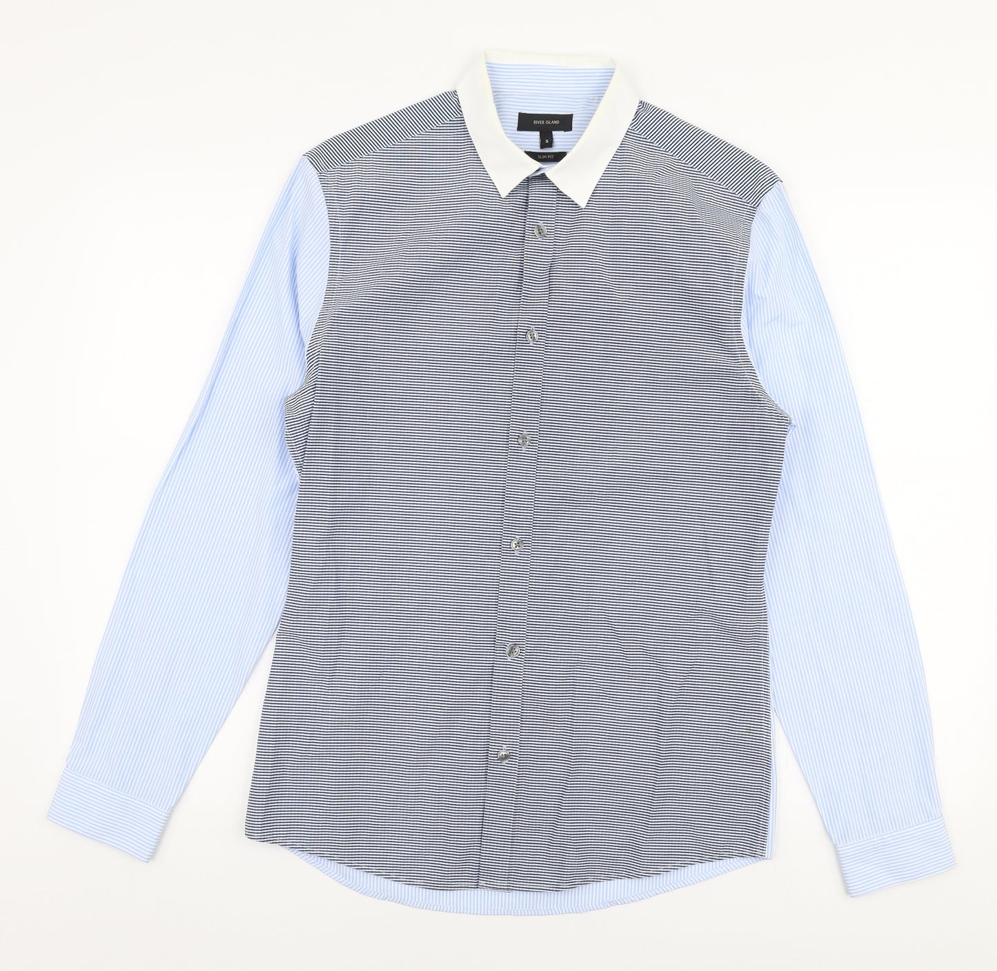 River Island Mens Blue Striped Polyester  Button-Up Size S Collared Button