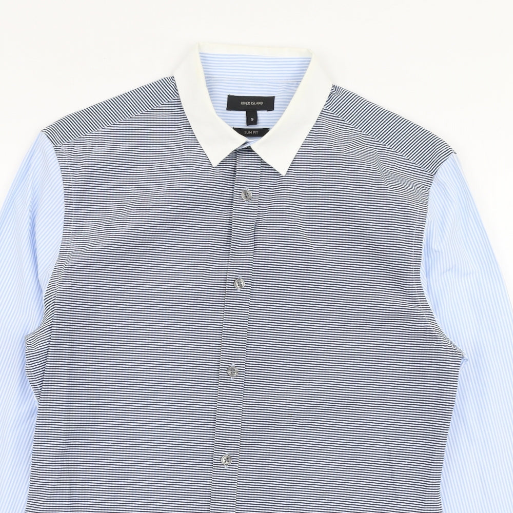 River Island Mens Blue Striped Polyester  Button-Up Size S Collared Button