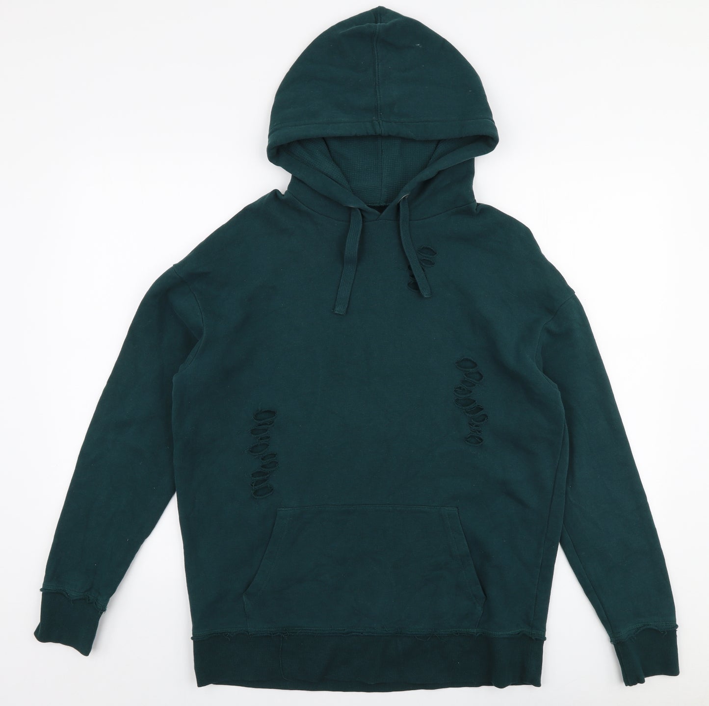 River Island Mens Green  Cotton Pullover Hoodie Size XS   - Distressed