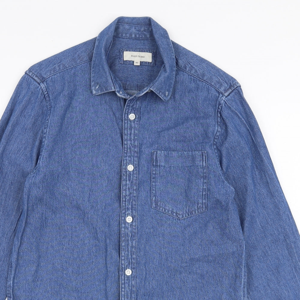 River Island Mens Blue  Cotton  Button-Up Size XS Collared Button