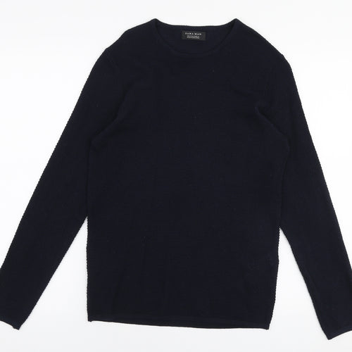 Zara Mens Blue Round Neck  Cotton Pullover Jumper Size S