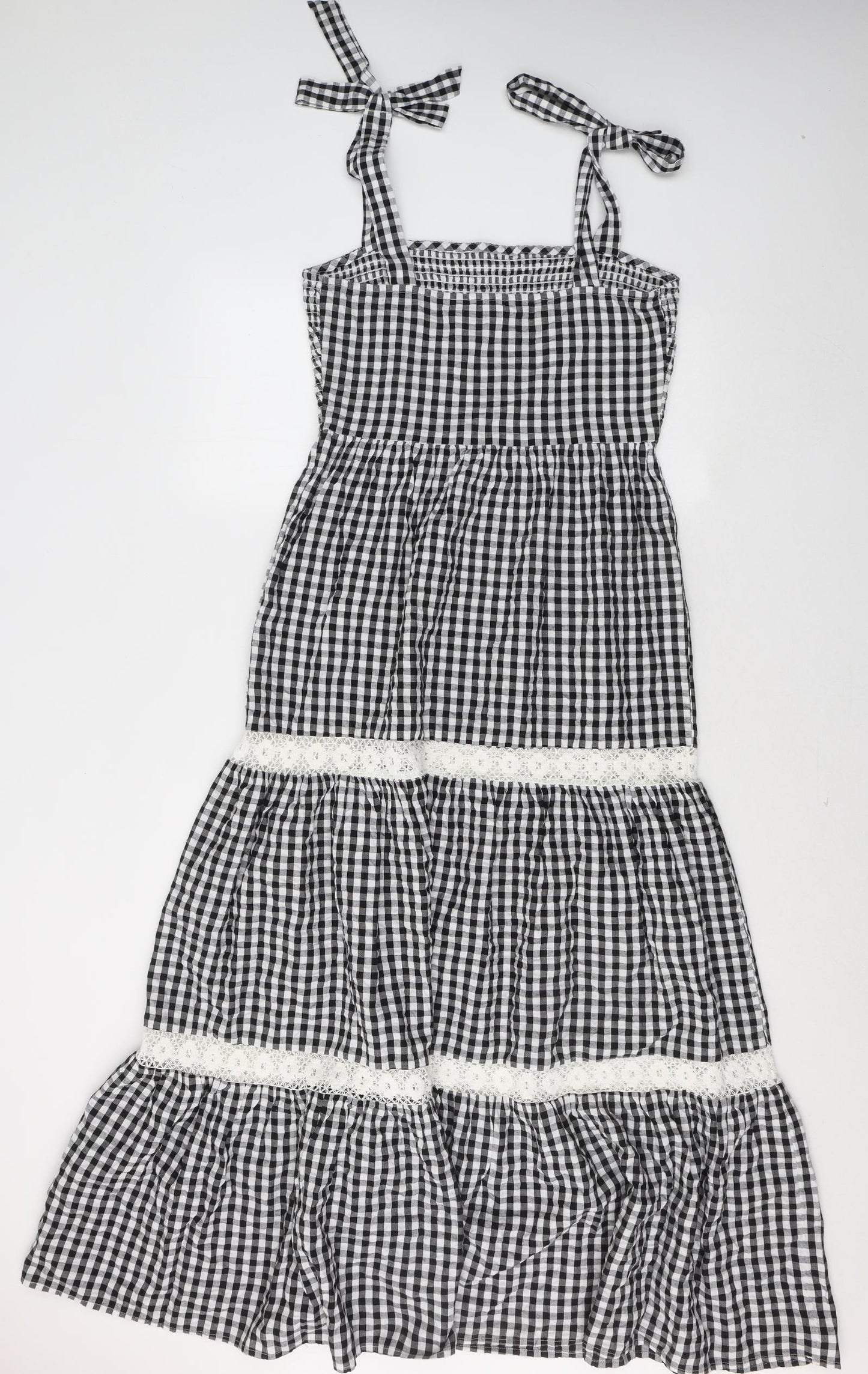 River Island Womens Black Check Cotton Maxi  Size 12  Square Neck Zip