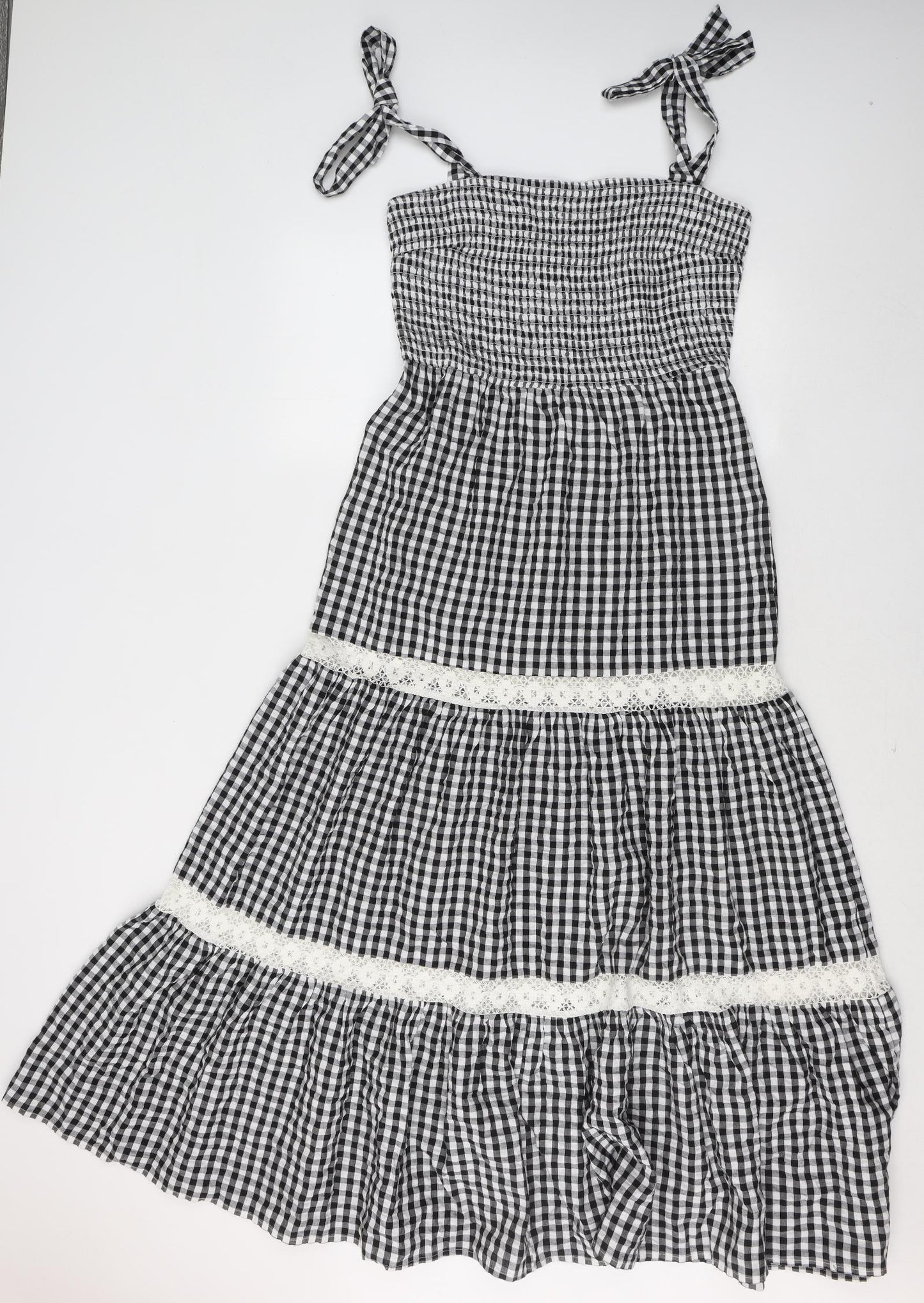 River Island Womens Black Check Cotton Maxi  Size 12  Square Neck Zip