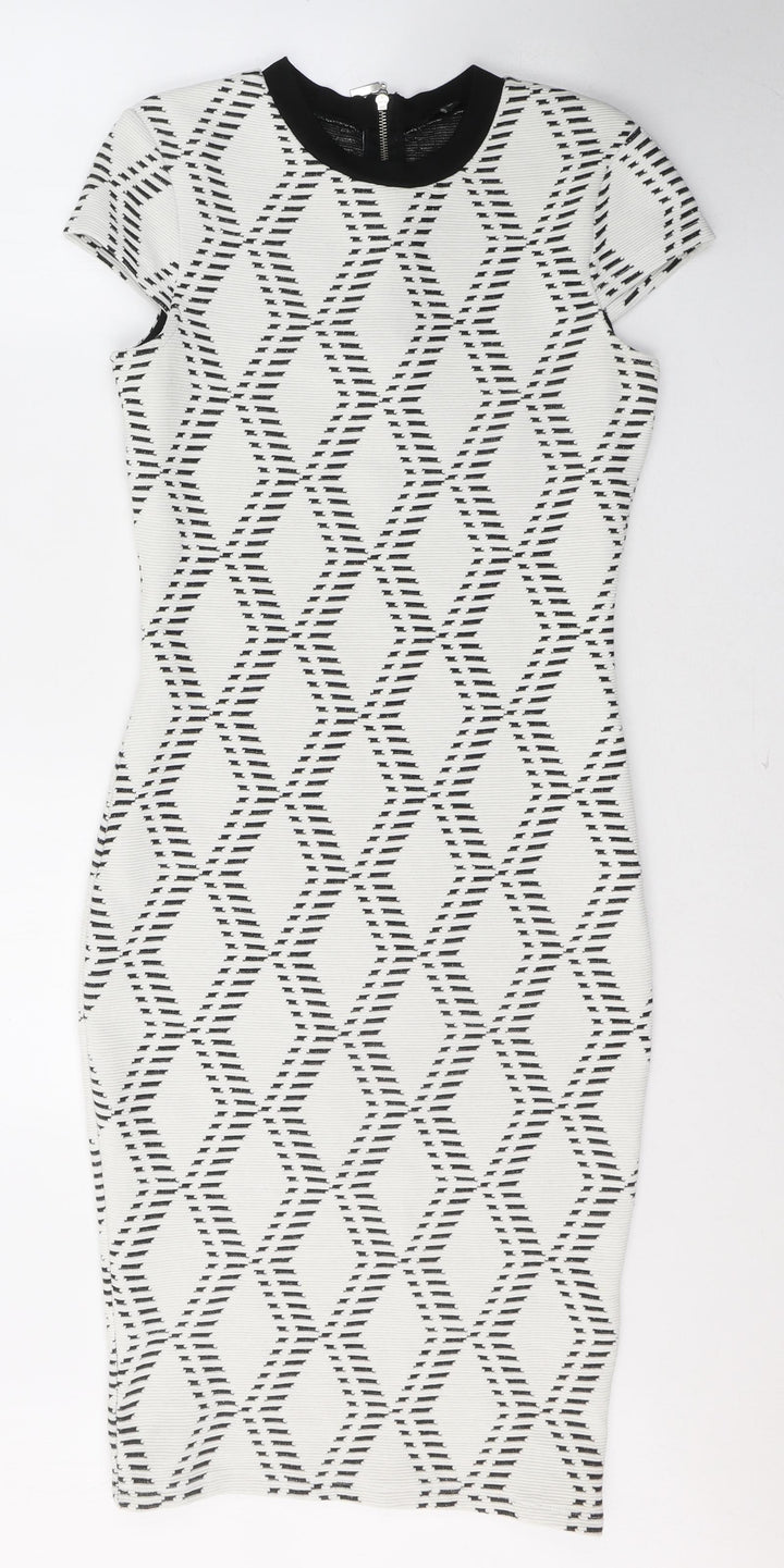 River Island Womens White Geometric Cotton A-Line  Size 10  Round Neck Zip